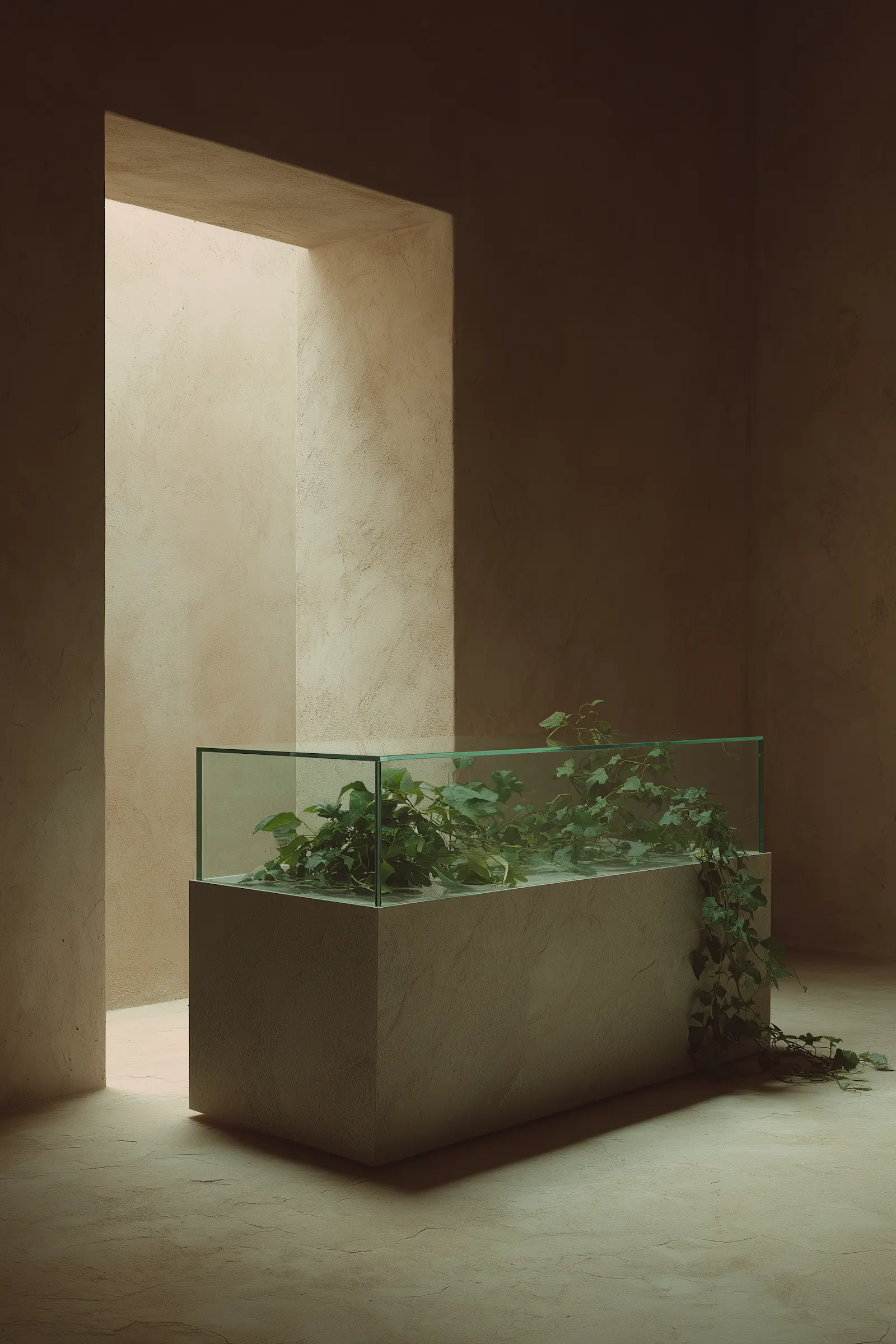 Plants in the studio hallway, low afternoon light