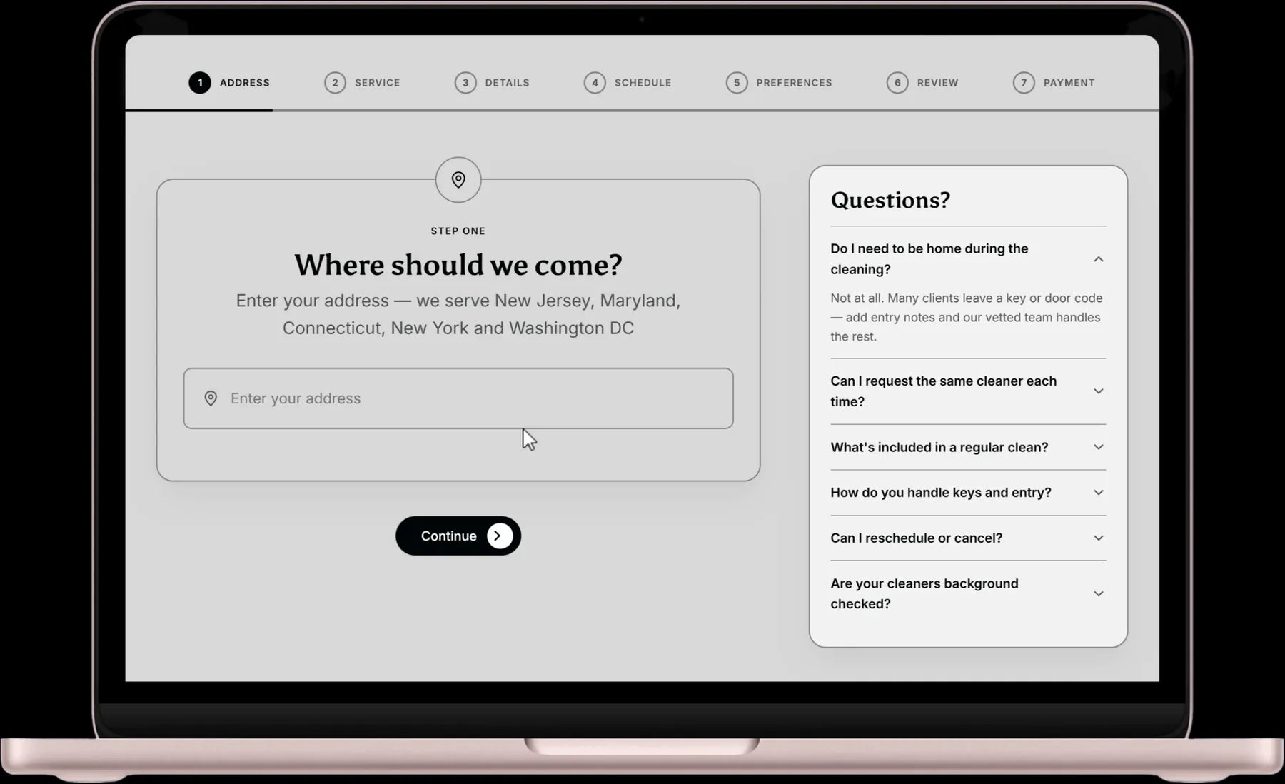 Step one of the booking application — an address field under a seven-step indicator running from Address to Payment, beside a panel of common questions