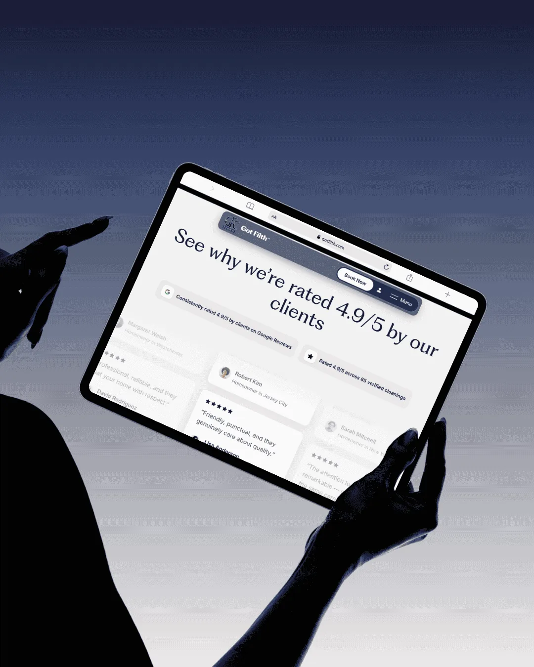 An iPad raised in hands against an indigo sky, open on the client stories — rated 4.9 out of 5 across 65 verified cleanings