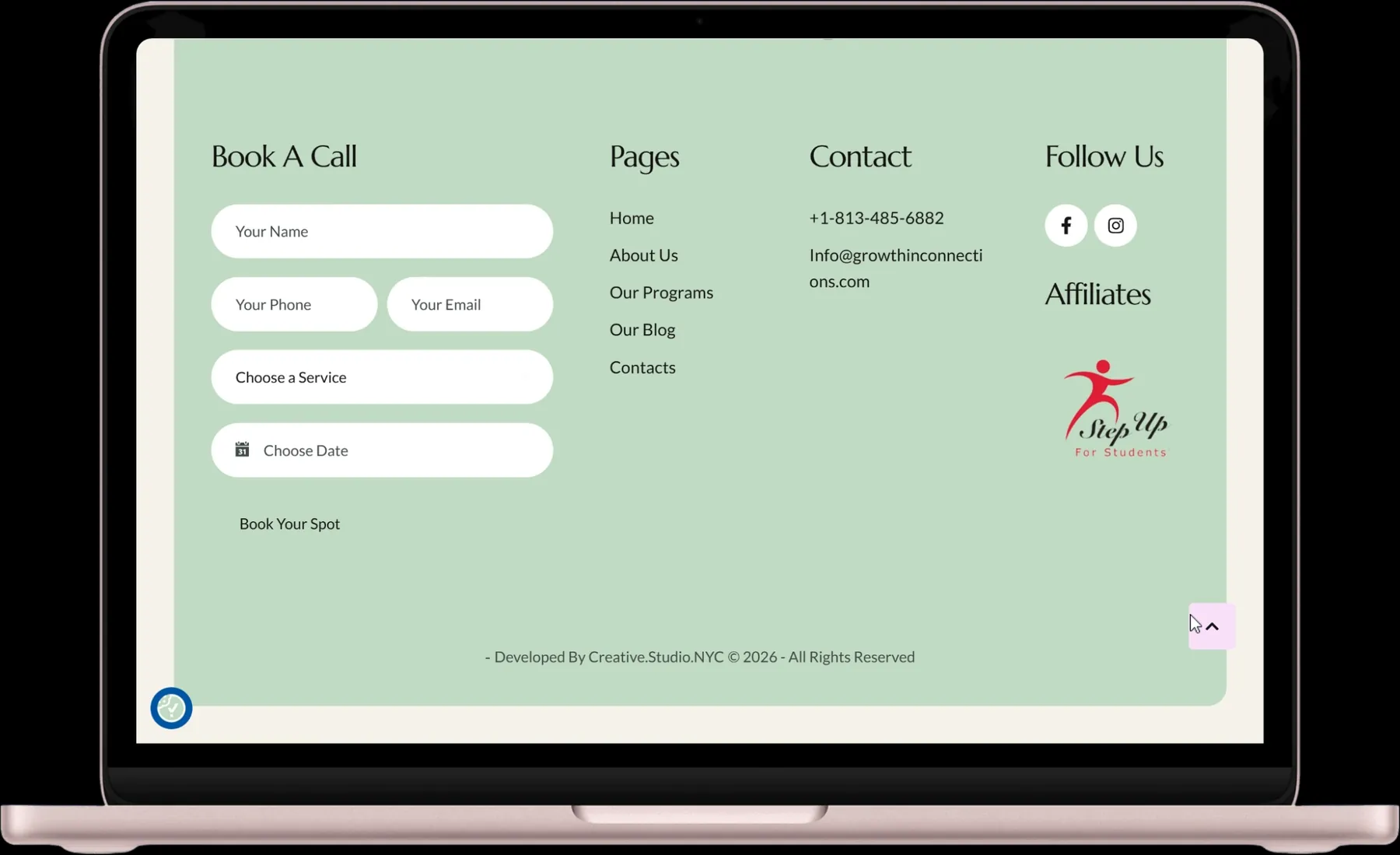 The Book a Call section — a consultation form with name, phone, email and service fields