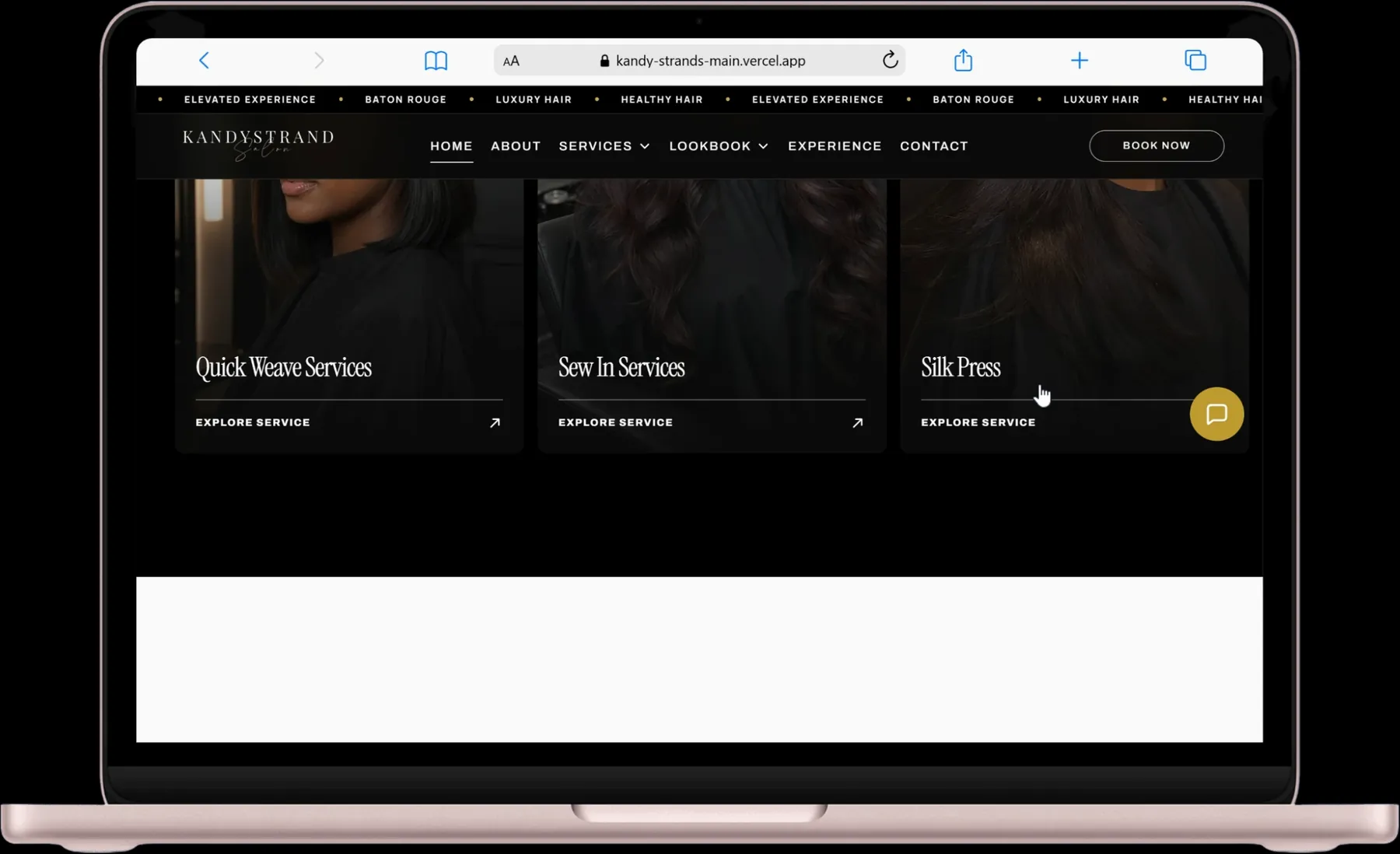 Three service categories on the site — Quick Weave Services, Sew In Services and Silk Press, each with its own explore link