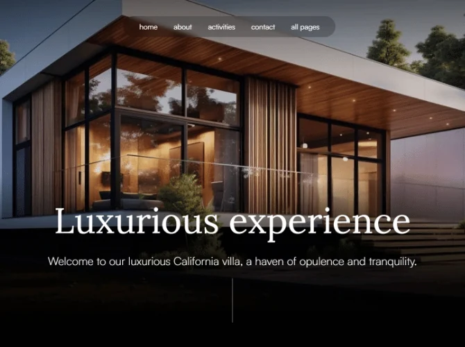 A modern villa at dusk under a floating navigation pill, with a serif headline across it