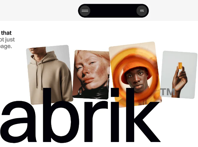 A white studio homepage, a display wordmark behind scattered fashion cards