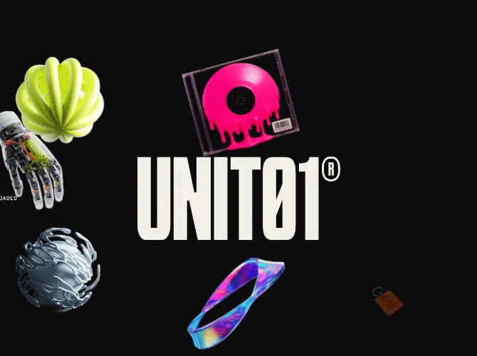 A black editorial homepage, 3D objects scattered around a heavy condensed wordmark