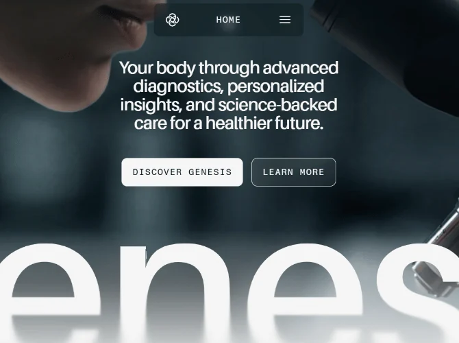 A clinical homepage, centred copy over laboratory imagery with an oversized wordmark below